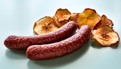 Zwei Herzhafte Bratwuerste Und Knusprige Getrocknete Apfelscheiben Brillant Beleuchtet Auf Sauberem Untergrund Ai Generated