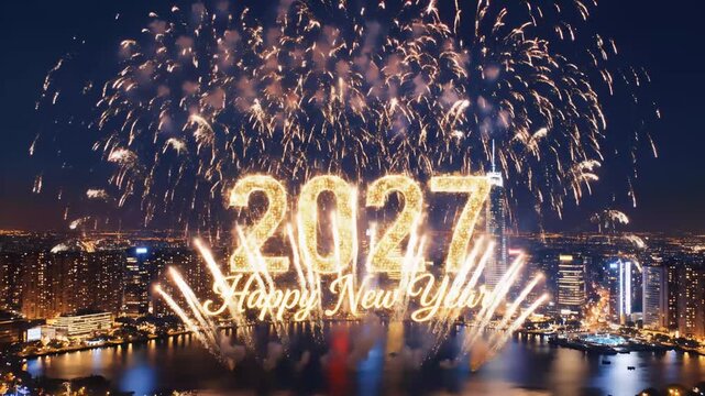 Golden Fireworks Exploding Over City Skyline With Text 2027 Happy New Year Displayed Prominently