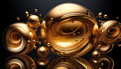Golden Liquid Spheres Float Against A Black Background