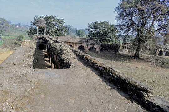 outermost ruined defensive wall and pavilion remains at rohtasgarh fort, bihar