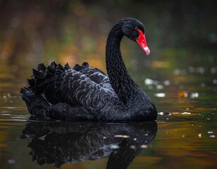 A stunning shot captures a graceful black swan with a red beak as it floats serenely on the water, autumn foliage reflected