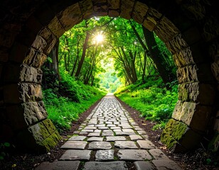 A stone-paved path leads through a moss-covered arch into a sun-dappled forest, creating a sense of wonder and discovery