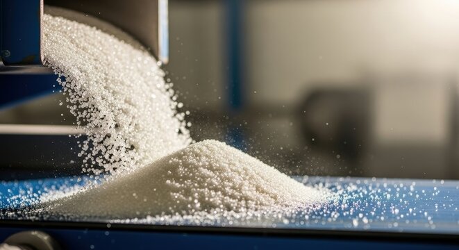 White sugar granules are poured to form a growing pile in a close-up industrial factory setting