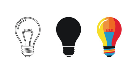 Collection of three distinct light bulb icons illustrating concepts of invention creativity and electrical power in various graphic styles