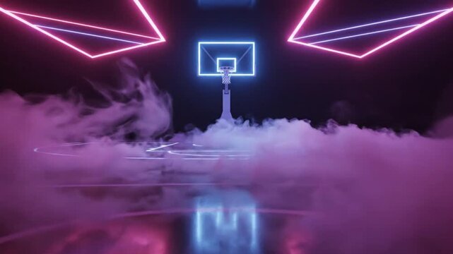 Abstract futuristic basketball court featuring a glowing neon backboard surrounded by thick atmospheric smoke creates a dramatic dark sports visual experience.