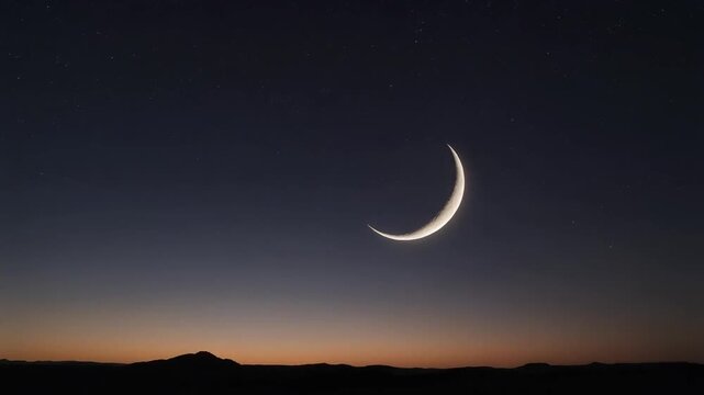 4K cinematic footage of night sky transitioning from dusk to full darkness with a crescent moon, symbolic Ramadan time passing