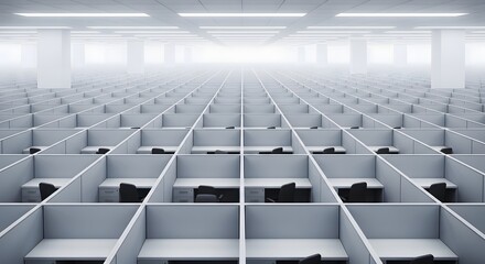 Obraz premium Empty Cubicles in Modern Office: An expansive, minimalist office space, filled with rows of empty cubicles. The stark, clean lines and uniform design convey a sense of modern professionalism. 
