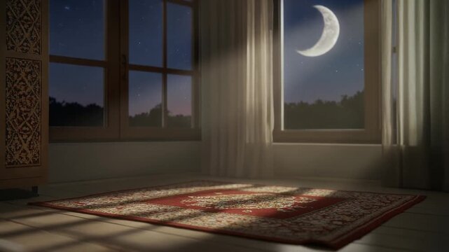 4K cinematic footage of a prayer rug placed near a window with moonlight shining through, calm spiritual mood, gentle shadows, symbolic Ramadan setting