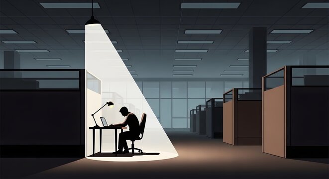 Solitary Office Focus: A silhouette of a focused individual engrossed in work at a desk in a dimly lit office, illuminated by a single spotlight.
