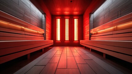 Empty luxury infrared sauna room with glowing red heat panels