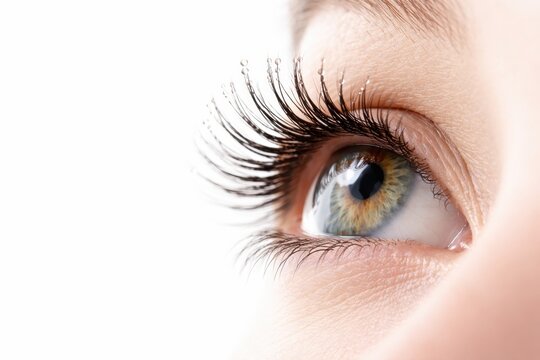 Side profile human eye looking upward with long eyelashes and water droplets soft rim light studio photo isolated on white