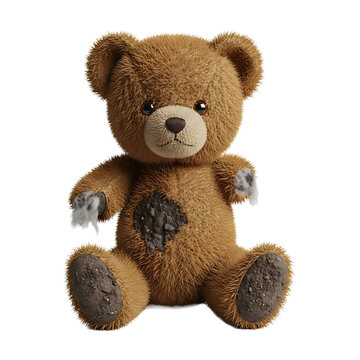 A damaged teddy bear sitting alone on transparent background