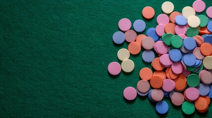 Obraz premium Colorful round candies scattered on a textured green surface