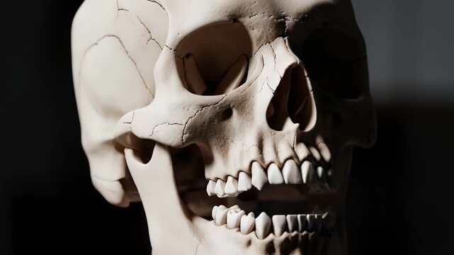 close-up skull with dramatic lighting for anatomy stock video