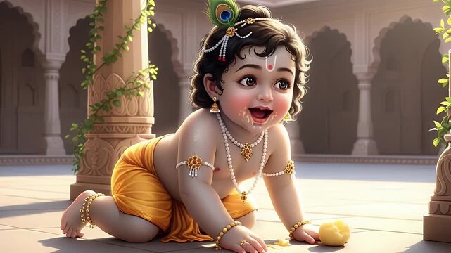 cute baby krishna in temple courtyard wearing peacock feather jewelry