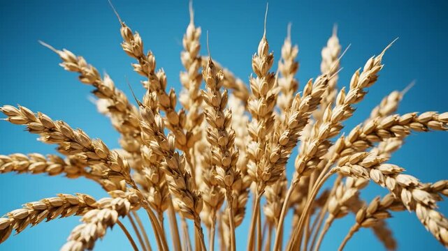 Close-up of golden wheat stalks against a bright blue sky, showing grains and textures