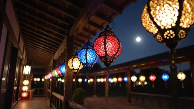 A long row of intricately designed colorful hanging mosaic glass lanterns illuminates a wooden walkway under the dark night sky featuring the moon.