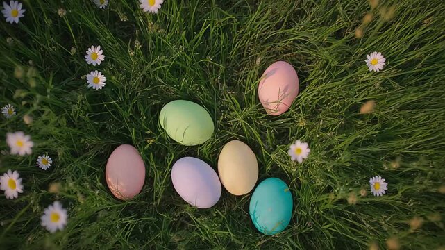 Six colorful easter eggs in a lush green grass field with white flowers, viewed from above, 1127-144.mp4 reference
