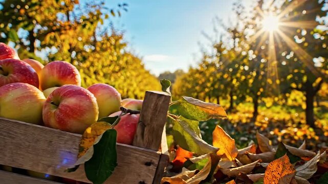 Abundant red and yellow apples in a wooden crate in an autumn orchard with golden sunlight streaming through the trees.