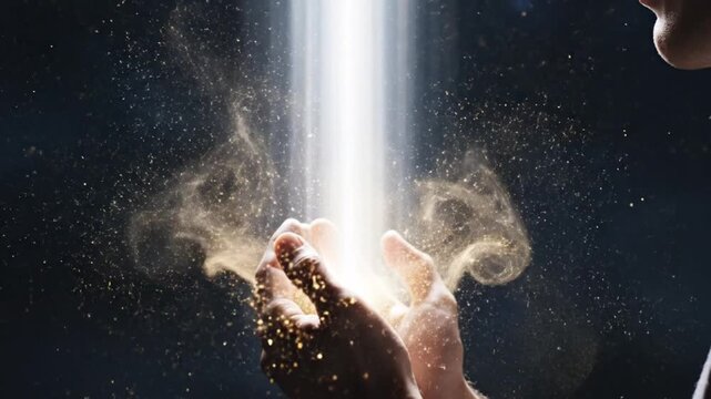 Person cupping hands upward toward a brilliant column of heavenly white light streaming down through darkness capturing glowing golden particles.
