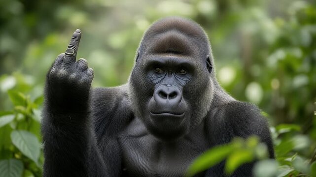 gorilla middlefinger gesture in lush jungle intense wildlife portrait