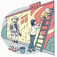 Robot and Two People Painting a Building Exterior Wall Together with Ladders and Buckets Outside