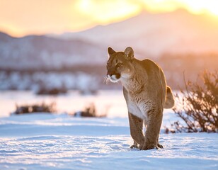 Mountain lion in snowy landscape walking.