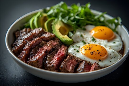 keto steak and egg bowl with creamy avocado and arugula