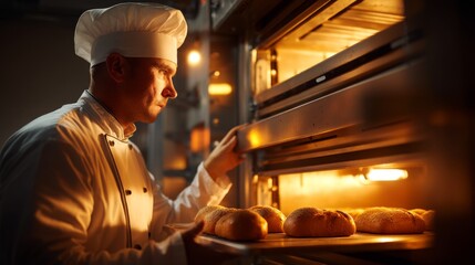 Obraz premium Chef in White Uniform Checking Fresh Baked Bread in Oven with Warm Lighting and Focus on Artisan Baking Process in Bakery Environment