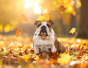 A stout, wrinkly canine sits amidst vibrant autumn foliage, with falling leaves and sunlight illuminating the scene. A leaf rests on its head