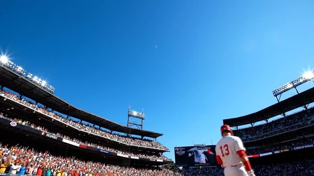 Baseball Player Swinging Bat in Stadium with Crowd.