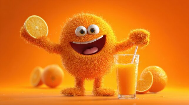 Cute Orange Furry Monster Holding Lemon Slice Standing Next to Glass of Orange Juice