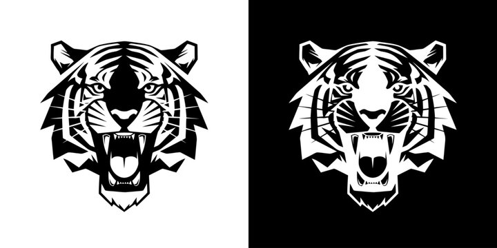 Black and white tiger head illustrations on contrasting backgrounds