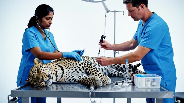 Two Veterinarians Examining and Treating Sedated Leopard on Operating Table