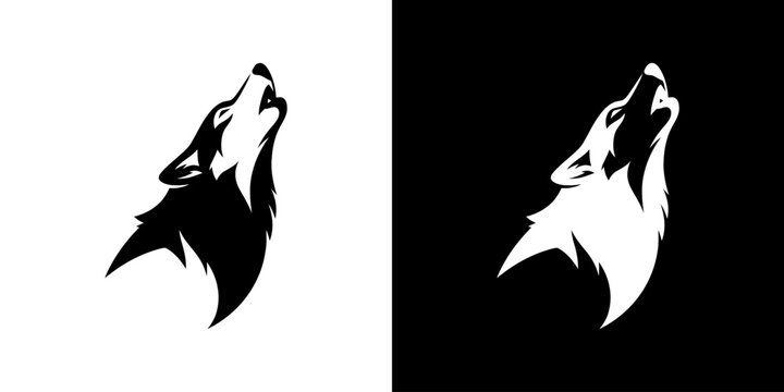 Two wolf head silhouettes howling upwards on white and black backgrounds
