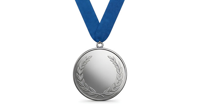 A silver medal hanging from a blue ribbon