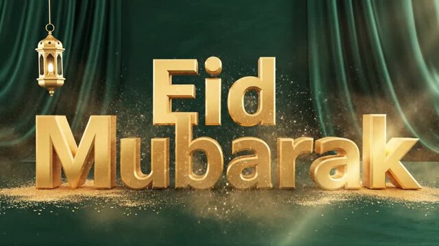 Majestic golden three dimensional lettering spells out eid mubarak celebrating the joyous islamic holiday against a rich dark green draped backdrop with glowing particles.