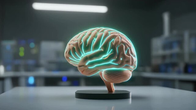 Glowing brain model on laboratory table with neon lights, 1126-26.mp4 reference for neuroscience study