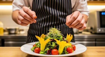 Skilled chef meticulously plating a vibrant gourmet salad with fresh vegetables and edible flowers, showcasing culinary artistry.