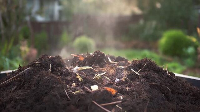 Composting process in a garden with decomposing organic matter and steam rising, captured in a close-up view