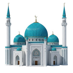 Fototapeta premium A white building with blue domes and minarets isolated on transparent background