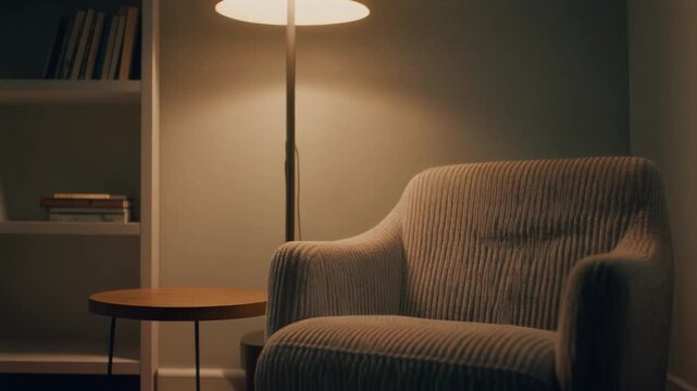Cozy reading corner lit by a soft floor lamp, with a textured fabric armchair
