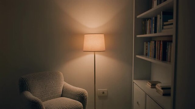 Cozy reading corner lit by a soft floor lamp, with a textured fabric armchair