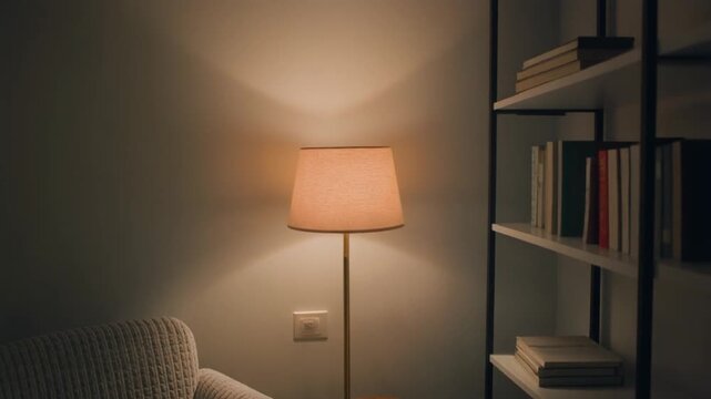 Cozy reading corner lit by a soft floor lamp, with a textured fabric armchair