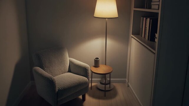 Cozy reading corner lit by a soft floor lamp, with a textured fabric armchair