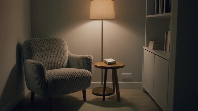 Cozy reading corner lit by a soft floor lamp, with a textured fabric armchair