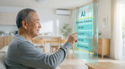 Fototapeta premium Elderly Asian man interacting with a transparent digital interface displaying an AI medication schedule in a modern living room setting