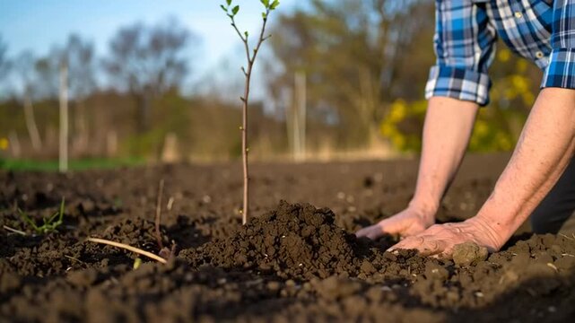 Person Planting Tree in Garden Soil.