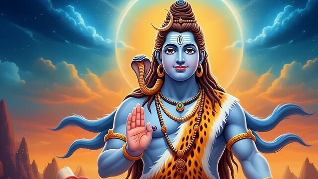 shiva blue hindu deity blessing pose leopard skin halo