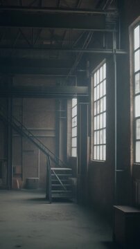 industrial loft with high ceilings, exposed concrete walls, steel beams, and wide factory style windows